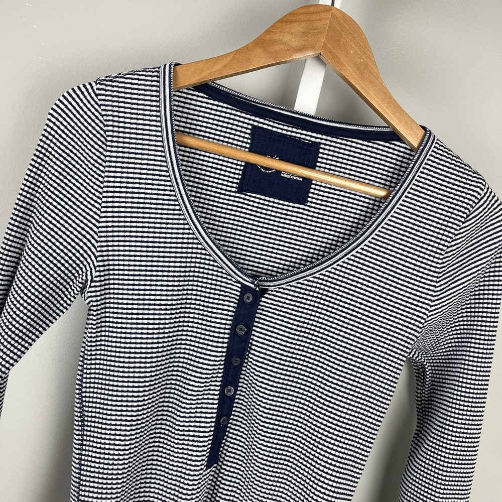 Aerie American Eagle Henley Shirt Top Womens M Rib Knit Navy Blue Stripe Y2K
